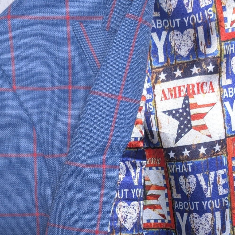 Cavani Blazer Mens 42R Blue Red Windowpane Americana Lining Peak Lapel Sportcoat